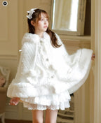 Godivana Faux Rabbit Fur Cape Coat with Rhinestone Bow