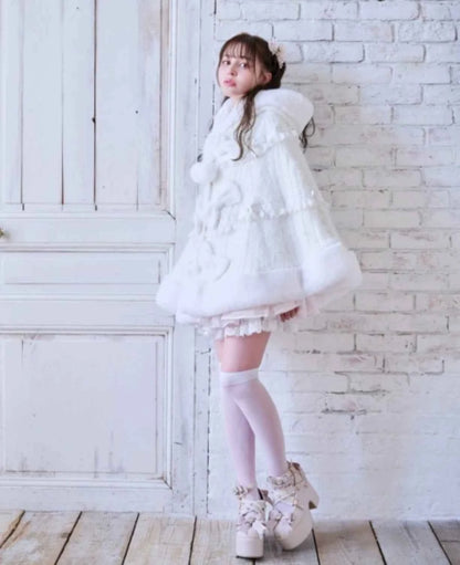 Japanese Sweet Soft Thick Women's Double-Layer Big Ribbon Hooded Knitted Cloak 3 Colors Autumn and Winter Ponchos Warm Jacket