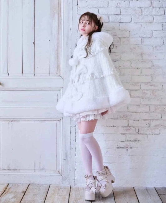 Japanese Sweet Soft Thick Women's Double-Layer Big Ribbon Hooded Knitted Cloak 3 Colors Autumn and Winter Ponchos Warm Jacket