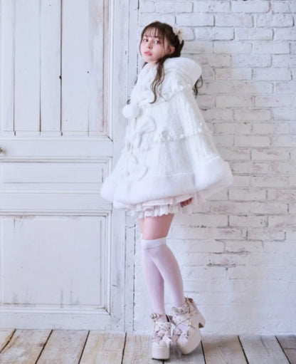 Godivana Lolita Style Faux Rabbit Fur Cape Coat with Bow & Rhinestones - White