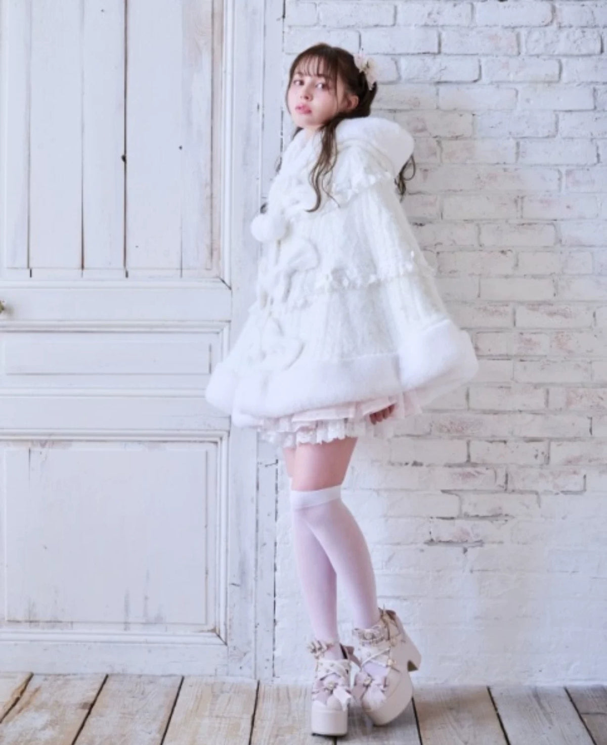 Godivana Faux Rabbit Fur Cape Coat with Rhinestone Bow