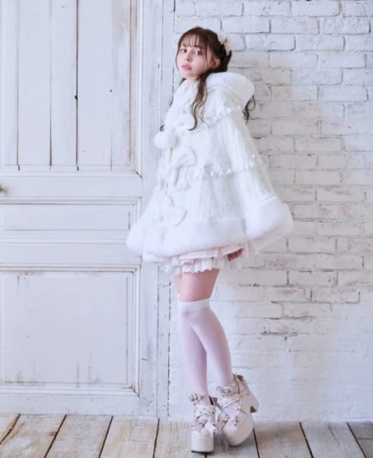 Godivana Lolita Faux Rabbit Fur Cape Coat with Rhinestone Bow and Hood