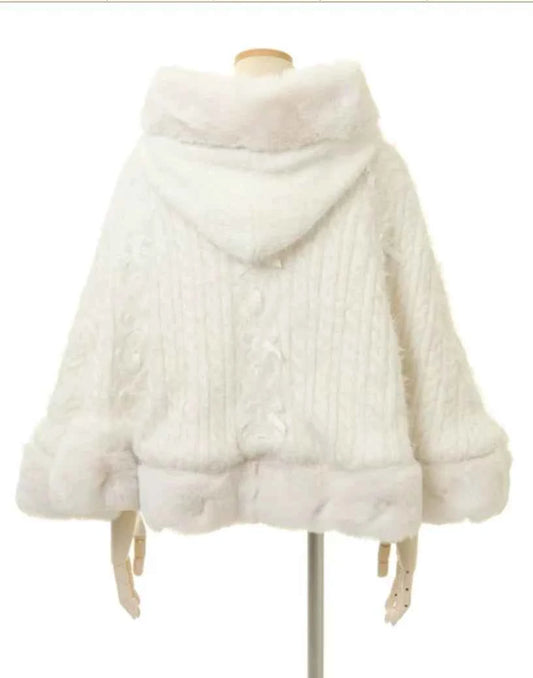 Japanese Sweet Soft Thick Women's Double-Layer Big Ribbon Hooded Knitted Cloak 3 Colors Autumn and Winter Ponchos Warm Jacket