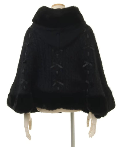 Godivana Lolita Style Faux Rabbit Fur Cape Coat with Bow & Rhinestones - White