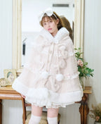 Godivana Faux Rabbit Fur Cape Coat with Rhinestone Bow