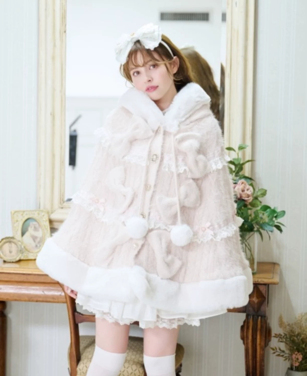 Godivana Faux Rabbit Fur Cape Coat with Rhinestone Bow