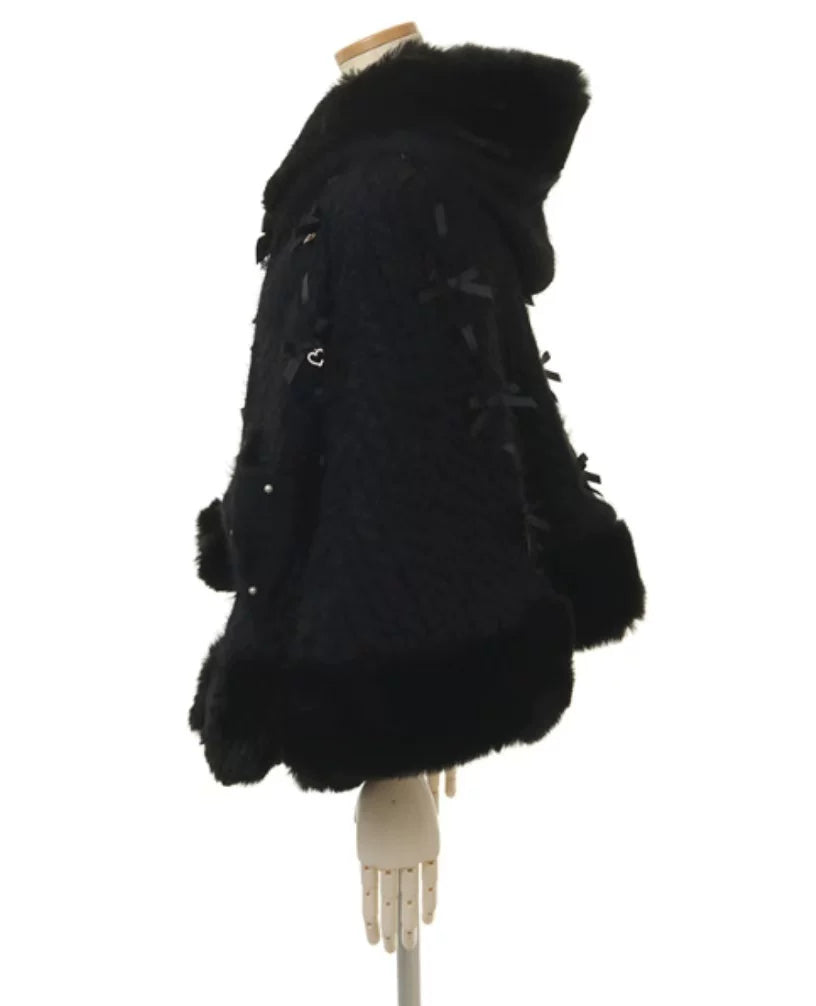 Godivana Faux Rabbit Fur Cape Coat with Rhinestone Bow