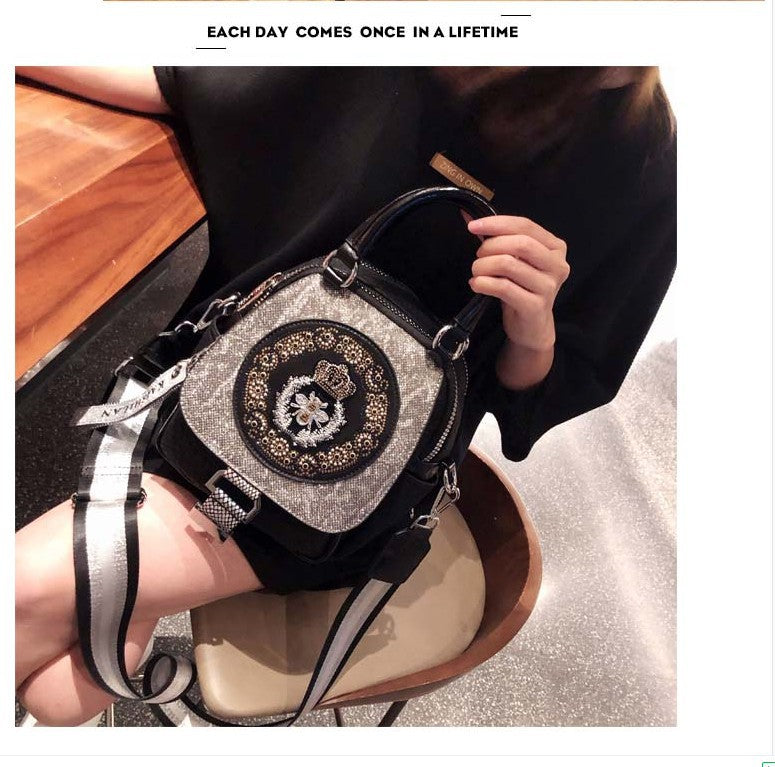 Genuine Leather Boston Bag with Embroidery - Medium