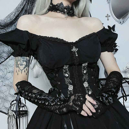 AltGoth Vintage Gothic Princess Dress Women Dark Harajuku Lace Up Cross Corset Dress Streetwear Partywear Lolita Dress Female