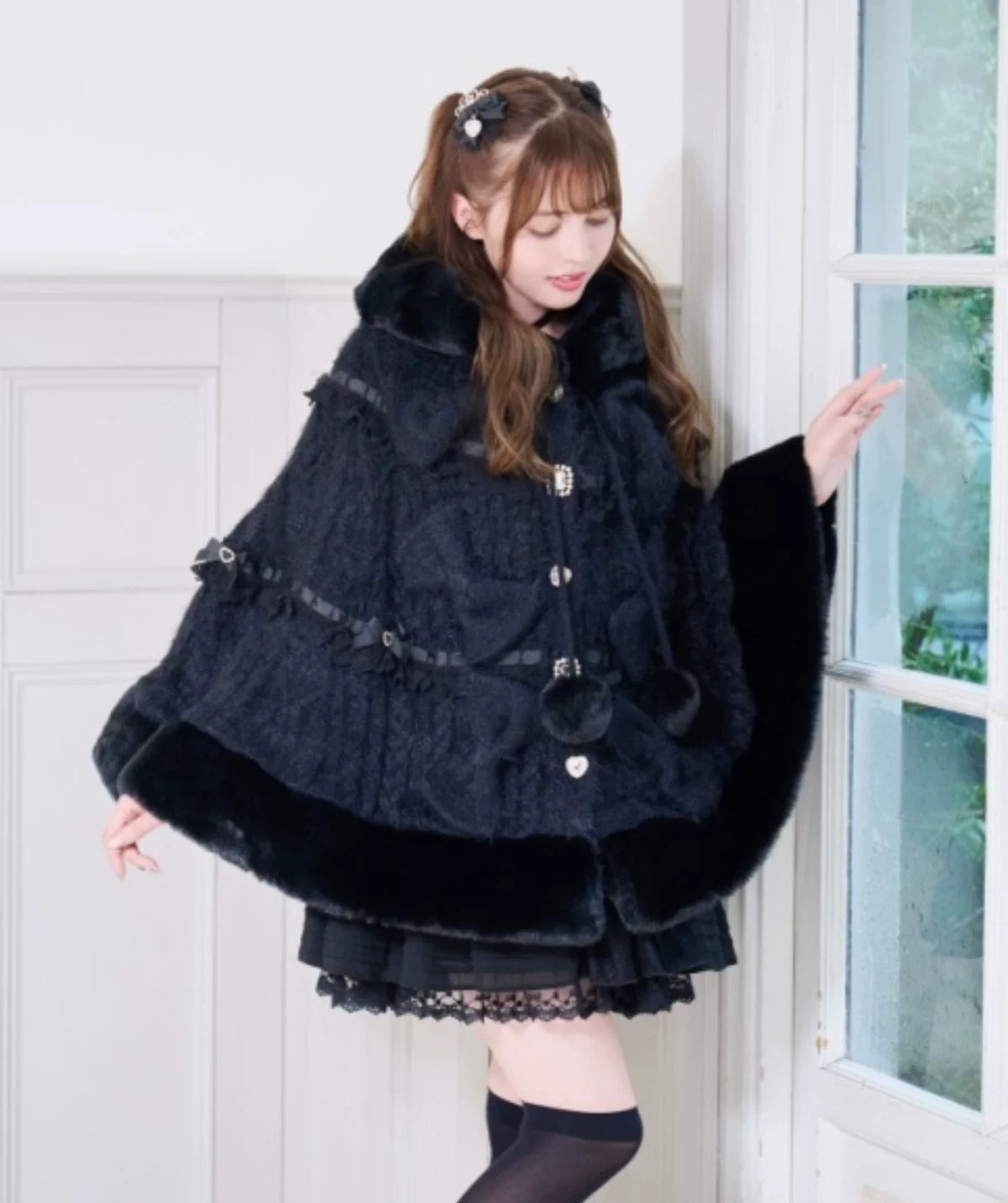 Godivana Faux Rabbit Fur Cape Coat with Rhinestone Bow