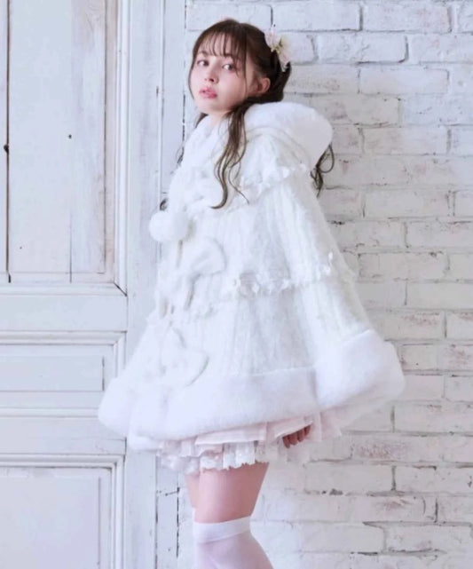 Japanese Sweet Soft Thick Women's Double-Layer Big Ribbon Hooded Knitted Cloak 3 Colors Autumn and Winter Ponchos Warm Jacket