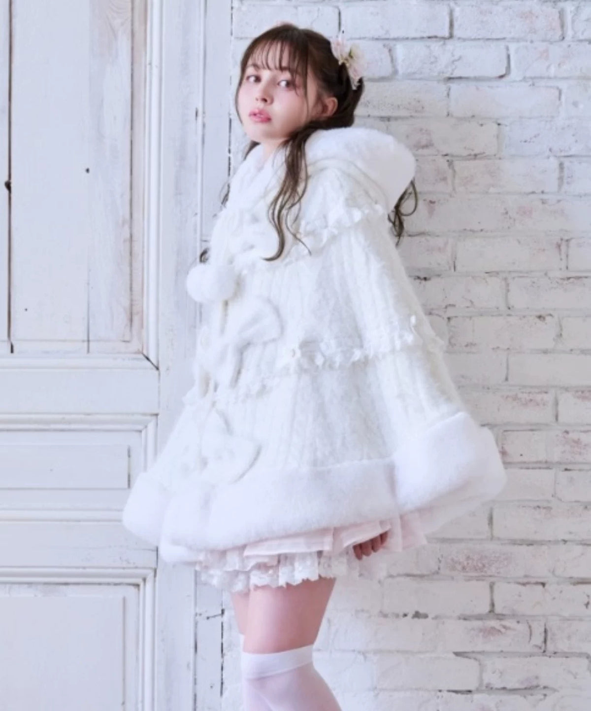 Godivana Lolita Faux Fur Cape Coat with Bow & Rhinestones