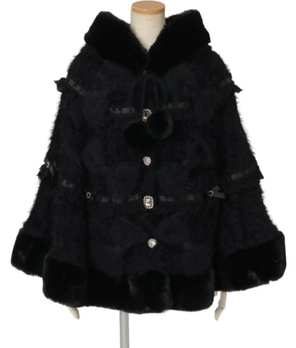 Godivana Lolita Faux Rabbit Fur Cape Coat with Rhinestone Bow and Hood
