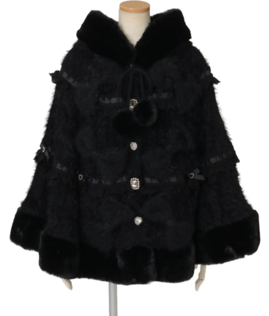 Godivana Lolita Faux Rabbit Fur Cape Coat with Rhinestone Bow and Hood