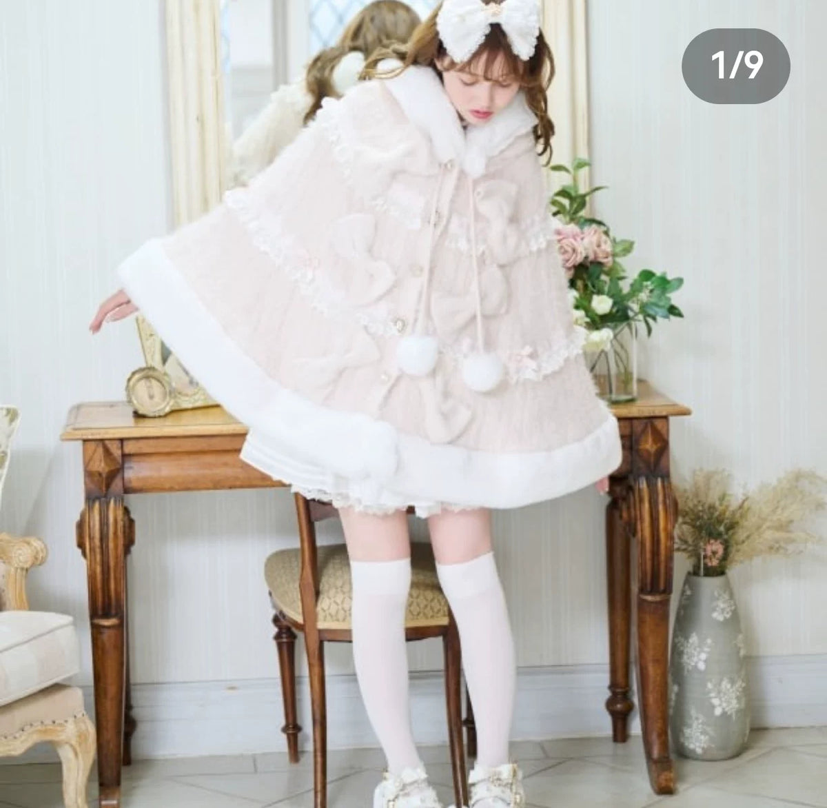 Godivana Faux Rabbit Fur Cape Coat with Rhinestone Bow