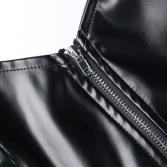 Punk Faux Leather Cropped Jacket Women Spring 2024 Streetwear Sexy Slim Fit Rivet PU Blouse Top