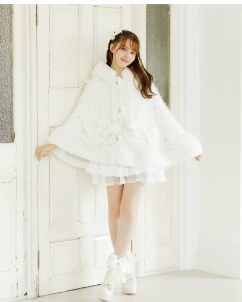 Godivana Faux Rabbit Fur Cape Coat with Rhinestone Bow