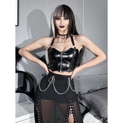 Punk Faux Leather Cropped Jacket Women Spring 2024 Streetwear Sexy Slim Fit Rivet PU Blouse Top