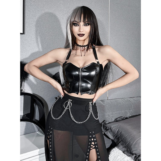 Punk Faux Leather Cropped Jacket Women Spring 2024 Streetwear Sexy Slim Fit Rivet PU Blouse Top