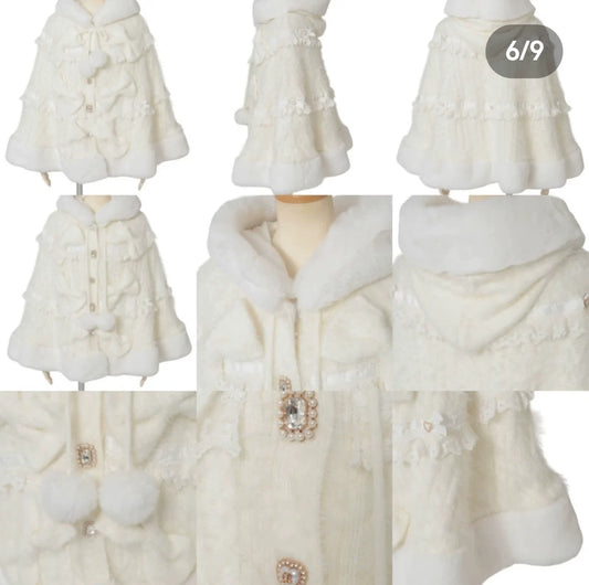 Godivana Lolita Faux Rabbit Fur Cape Coat with Rhinestone Bow and Hood