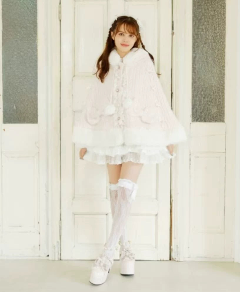 Godivana Lolita Faux Fur Cape Coat with Bow & Rhinestones