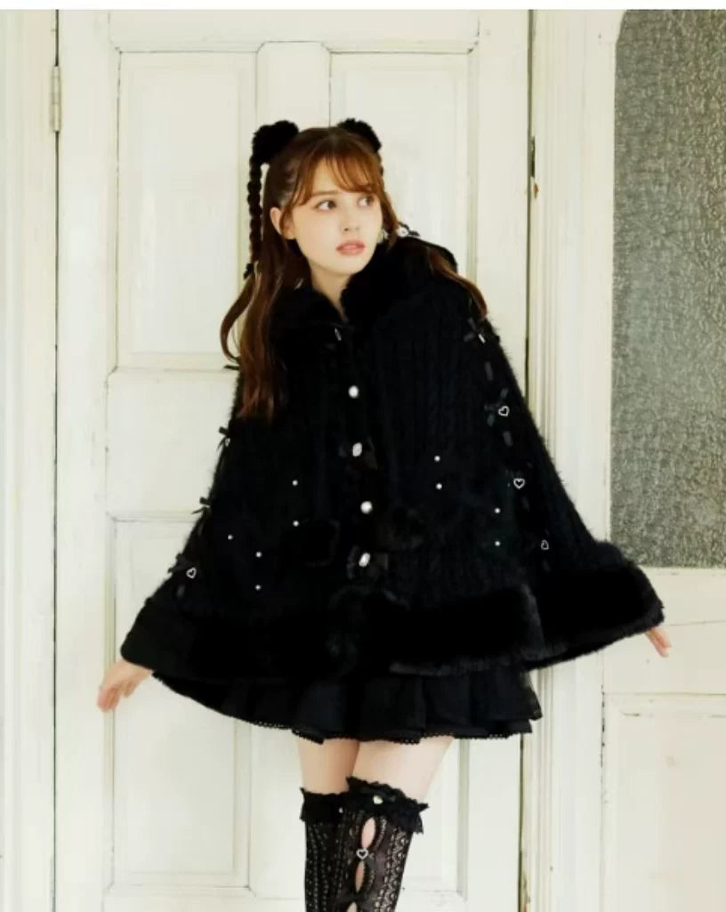 Godivana Faux Rabbit Fur Cape Coat with Rhinestone Bow