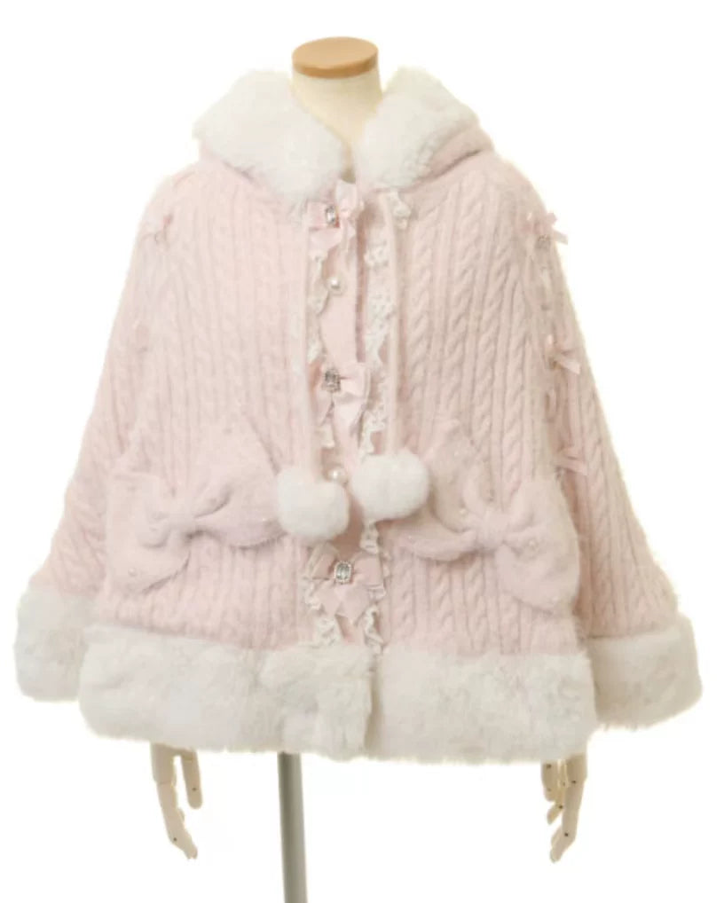Godivana Faux Rabbit Fur Cape Coat with Rhinestone Bow