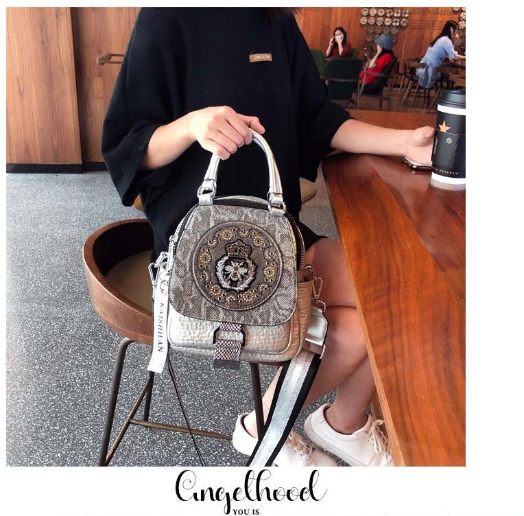 Genuine Leather Boston Bag with Embroidery - Medium