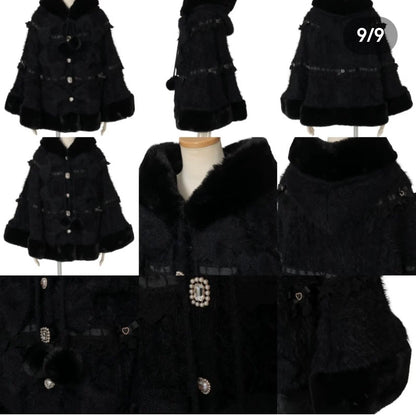 Godivana Lolita Style Faux Rabbit Fur Cape Coat with Bow & Rhinestones - White
