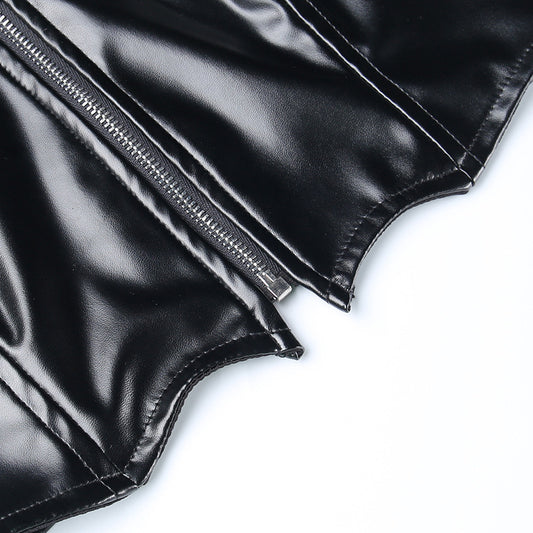 Punk Faux Leather Cropped Jacket Women Spring 2024 Streetwear Sexy Slim Fit Rivet PU Blouse Top