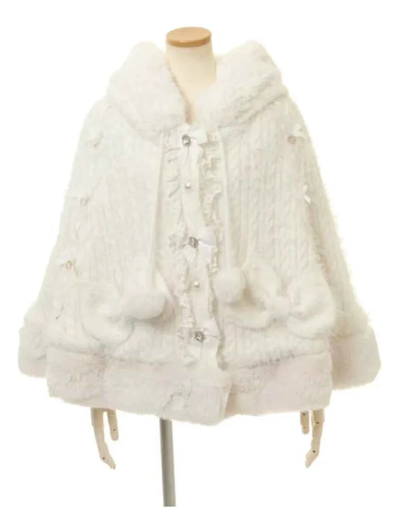 Japanese Sweet Soft Thick Women's Double-Layer Big Ribbon Hooded Knitted Cloak 3 Colors Autumn and Winter Ponchos Warm Jacket