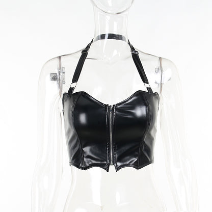 Punk Faux Leather Cropped Jacket Women Spring 2024 Streetwear Sexy Slim Fit Rivet PU Blouse Top