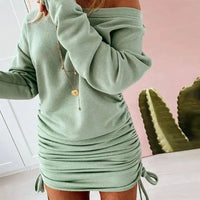 Off Shoulder Ruffled Drawstring Sexy Robe Autumn Pure Women Long Sleeve Mini Pencil Dress Sweatshirt Streetwear Dresses Female - SS69