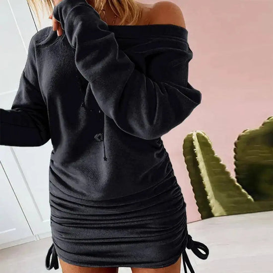 Off Shoulder Ruffled Drawstring Sexy Robe Autumn Pure Women Long Sleeve Mini Pencil Dress Sweatshirt Streetwear Dresses Female - SS69