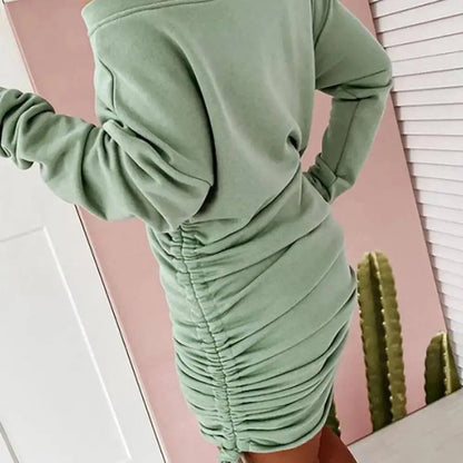 Off Shoulder Ruffled Drawstring Sexy Robe Autumn Pure Women Long Sleeve Mini Pencil Dress Sweatshirt Streetwear Dresses Female - SS69
