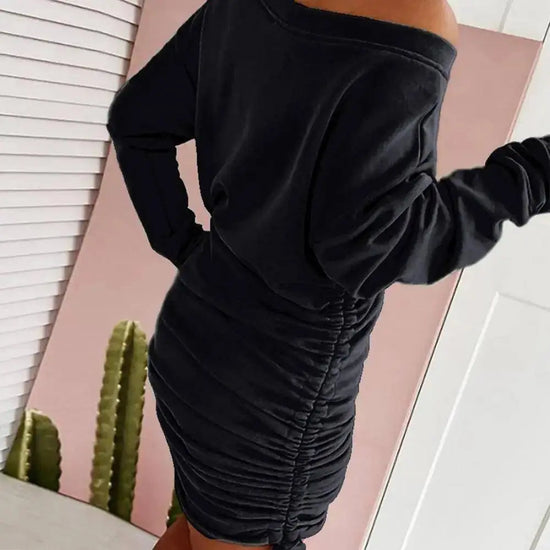 Off Shoulder Ruffled Drawstring Sexy Robe Autumn Pure Women Long Sleeve Mini Pencil Dress Sweatshirt Streetwear Dresses Female - SS69