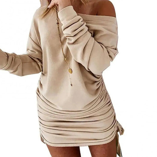 Off Shoulder Ruffled Drawstring Sexy Robe Autumn Pure Women Long Sleeve Mini Pencil Dress Sweatshirt Streetwear Dresses Female - SS69