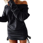 Off Shoulder Ruffled Drawstring Sexy Robe Autumn Pure Women Long Sleeve Mini Pencil Dress Sweatshirt Streetwear Dresses Female - SS69