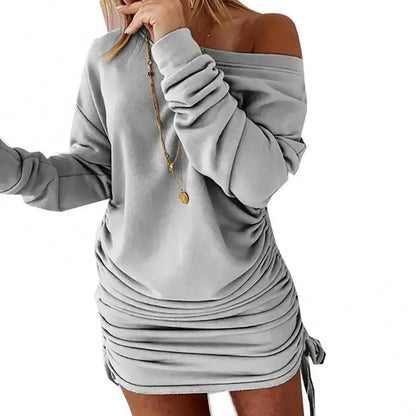 Off Shoulder Ruffled Drawstring Sexy Robe Autumn Pure Women Long Sleeve Mini Pencil Dress Sweatshirt Streetwear Dresses Female - SS69