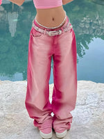 Ombre Washed Pinkish Red Loose Fit Y2K Retro Streetwear Jeans, Women's Denim Jeans & Clothing - SS69