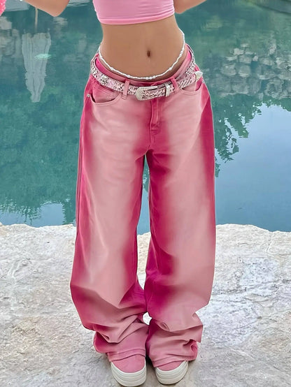 Ombre Washed Pinkish Red Loose Fit Y2K Retro Streetwear Jeans, Women's Denim Jeans & Clothing - SS69