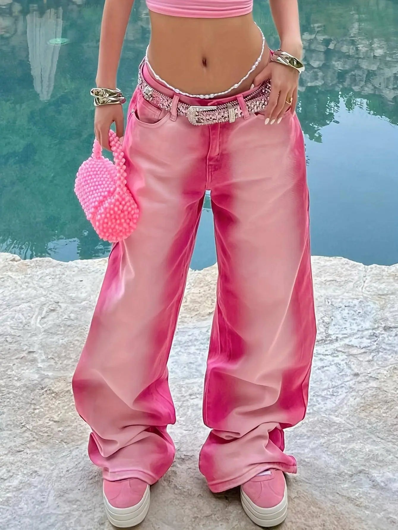 Ombre Washed Pinkish Red Loose Fit Y2K Retro Streetwear Jeans, Women's Denim Jeans & Clothing - SS69