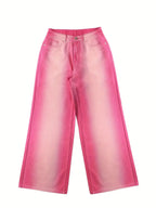 Ombre Washed Pinkish Red Loose Fit Y2K Retro Streetwear Jeans, Women's Denim Jeans & Clothing - SS69