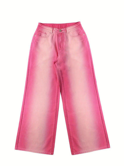Ombre Washed Pinkish Red Loose Fit Y2K Retro Streetwear Jeans, Women's Denim Jeans & Clothing - SS69