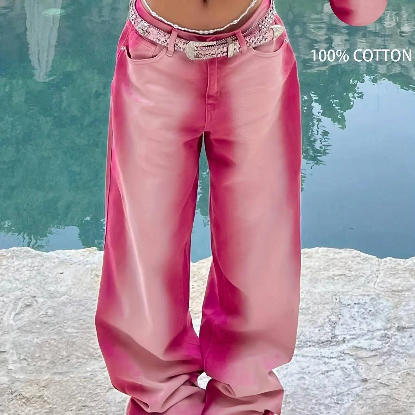 Ombre Washed Pinkish Red Loose Fit Y2K Retro Streetwear Jeans, Women's Denim Jeans & Clothing - SS69