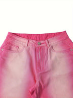 Ombre Washed Pinkish Red Loose Fit Y2K Retro Streetwear Jeans, Women's Denim Jeans & Clothing - SS69