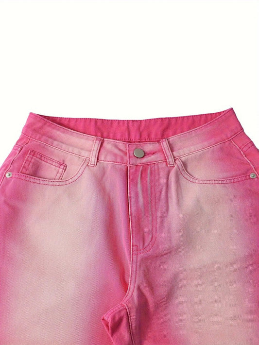 Ombre Washed Pinkish Red Loose Fit Y2K Retro Streetwear Jeans, Women's Denim Jeans & Clothing - SS69