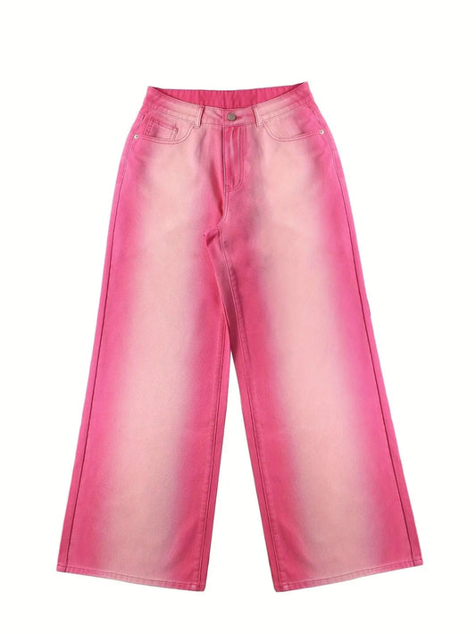 Ombre Washed Pinkish Red Loose Fit Y2K Retro Streetwear Jeans, Women's Denim Jeans & Clothing - SS69