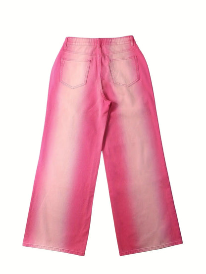 Ombre Washed Pinkish Red Loose Fit Y2K Retro Streetwear Jeans, Women's Denim Jeans & Clothing - SS69