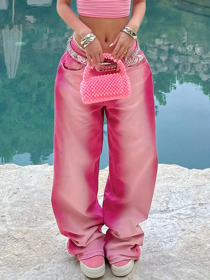 Ombre Washed Pinkish Red Loose Fit Y2K Retro Streetwear Jeans, Women's Denim Jeans & Clothing - SS69